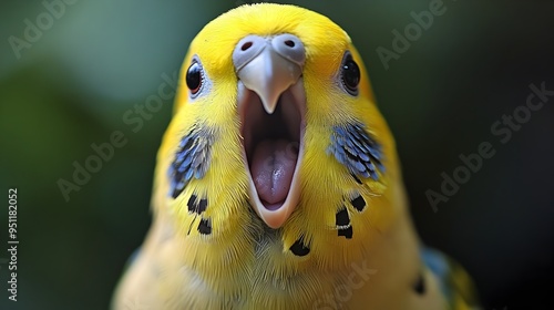 Closeup portrait shot of a budgerigar also known as a parakeet with its beak open as if chirping or calling out photo