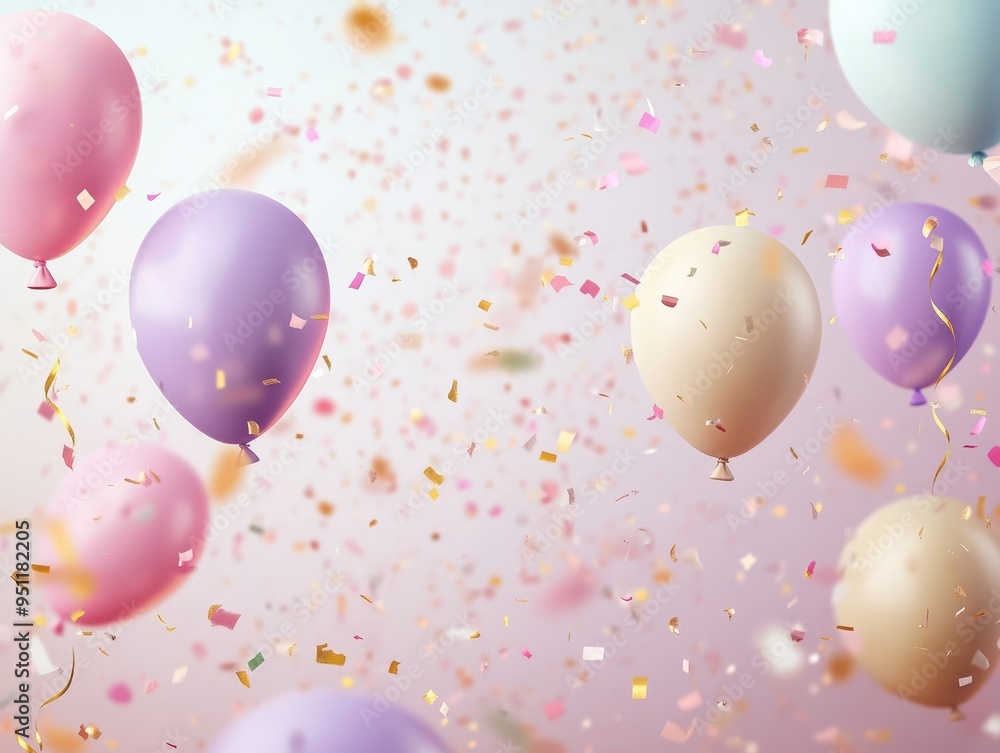 Pastel Balloons and Confetti on Pink Background - Celebration, Party, Birthday, Festive Decoration. Pastel Balloons and Confetti on Pink Background - Celebration, Party, Birthday, Festive Decoration.