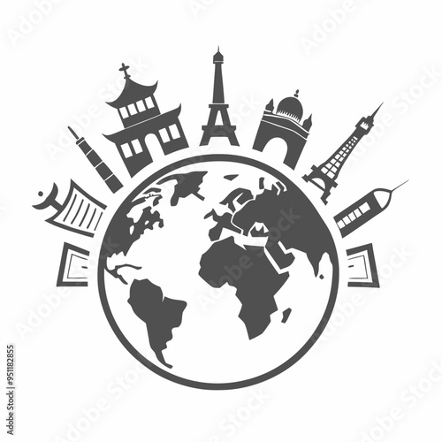 Global travel concept illustration featuring famous landmarks around the Earth