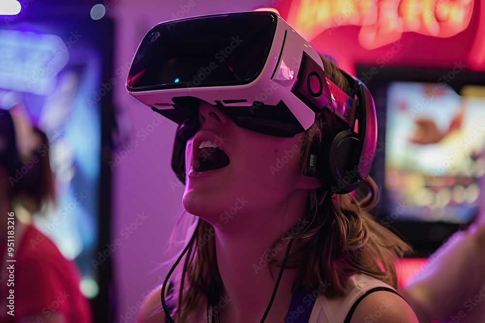 Young Woman Experiences Immersive Virtual Reality with a Wide Open Mouth Young Woman Experiences Immersive Virtual Reality with a Wide Open Mouth