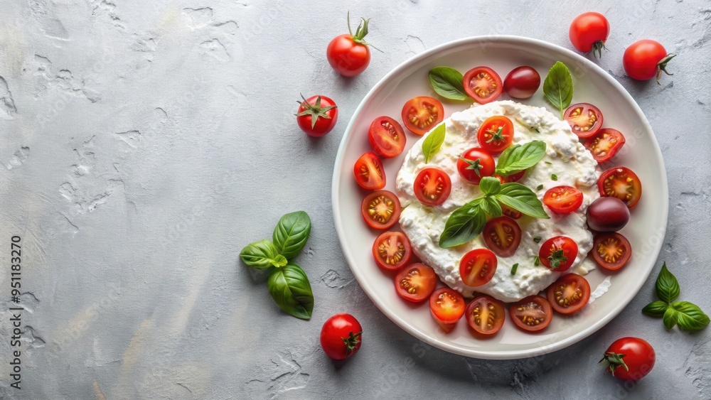 Plate of stracciatella cheese and tomatoes on a light table, stracciatella cheese, tomatoes, plate, food, Italian Plate of stracciatella cheese and tomatoes on a light table, stracciatella cheese, tomatoes, plate, food, Italian