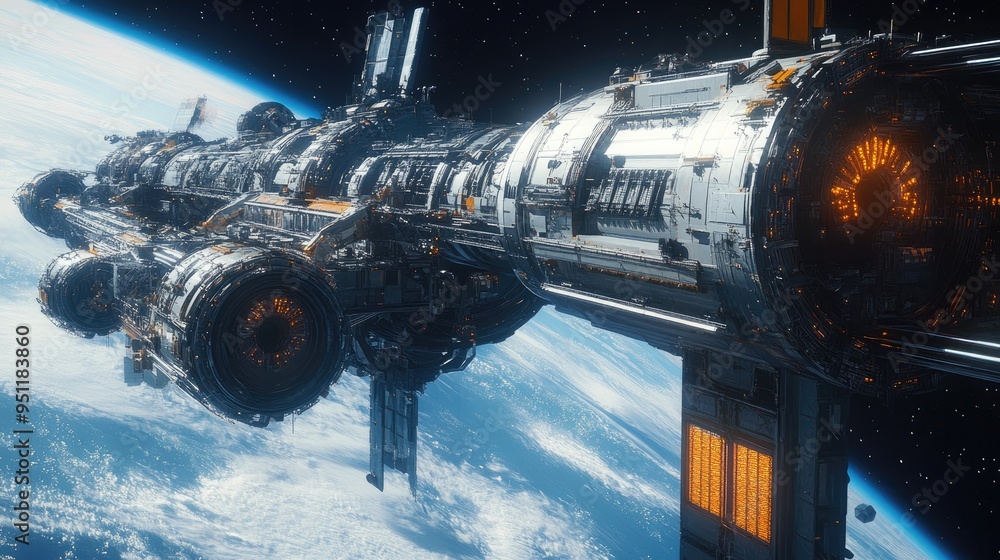 A futuristic space station with advanced docking systems and communication arrays, capturing the essence of space infrastructure. Clear space for copy. A futuristic space station with advanced docking systems and communication arrays, capturing the essence of space infrastructure. Clear space for copy.
