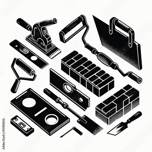 bricklaying, such as a brick trowel, a level, and a masonry saw. The silhouettes should emphasize the precision and craftsmanship of these tools