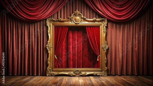 Luxurious velvet red curtain stage with elegant golden picture frame, spotlit against a dark dramatic background, exuding opulence and grandeur