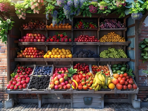 Vibrant Produce Market Stall Showcasing Fresh,Colorful Fruits and Vegetables