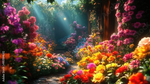 A garden filled with a variety of colorful flowers in full bloom, creating a lush, fragrant scene under the warm sunlight.