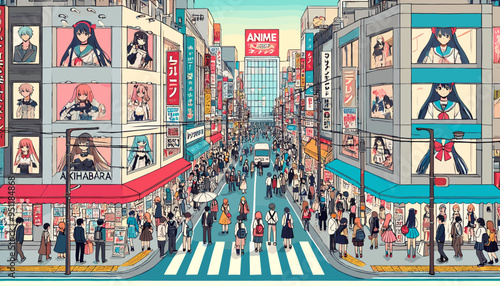 The concept of the image of Akihabara, the sacred place of Japanese animation. Vector illustration.