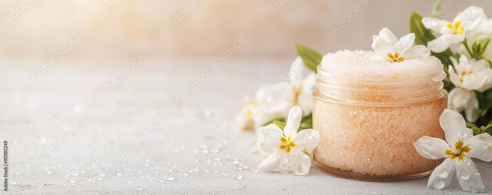 A closeup of an exfoliating scrub jar with water droplets, beside fresh jasmine flowers, Jasmine Petal Scrub, capturing the refreshing, floral properties for smooth skin A closeup of an exfoliating scrub jar with water droplets, beside fresh jasmine flowers, Jasmine Petal Scrub, capturing the refreshing, floral properties for smooth skin