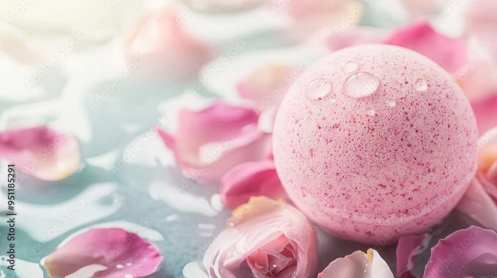A detailed shot of a bath bomb with water droplets, nestled among rose petals, Rose Bath Bomb, highlighting the fragrant and moisturizing benefits for a relaxing bath A detailed shot of a bath bomb with water droplets, nestled among rose petals, Rose Bath Bomb, highlighting the fragrant and moisturizing benefits for a relaxing bath