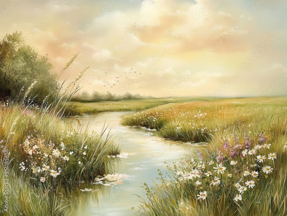 Obraz premium Tranquil Summer Landscape with River, Meadow, and Wildflowers.