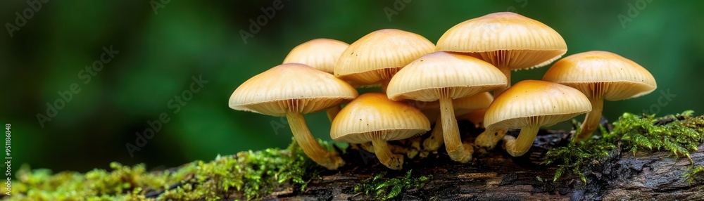 Small clusters of mushrooms sprouting from a moss-covered log in a quiet woodland, mushrooms on a log, serene nature Small clusters of mushrooms sprouting from a moss-covered log in a quiet woodland, mushrooms on a log, serene nature
