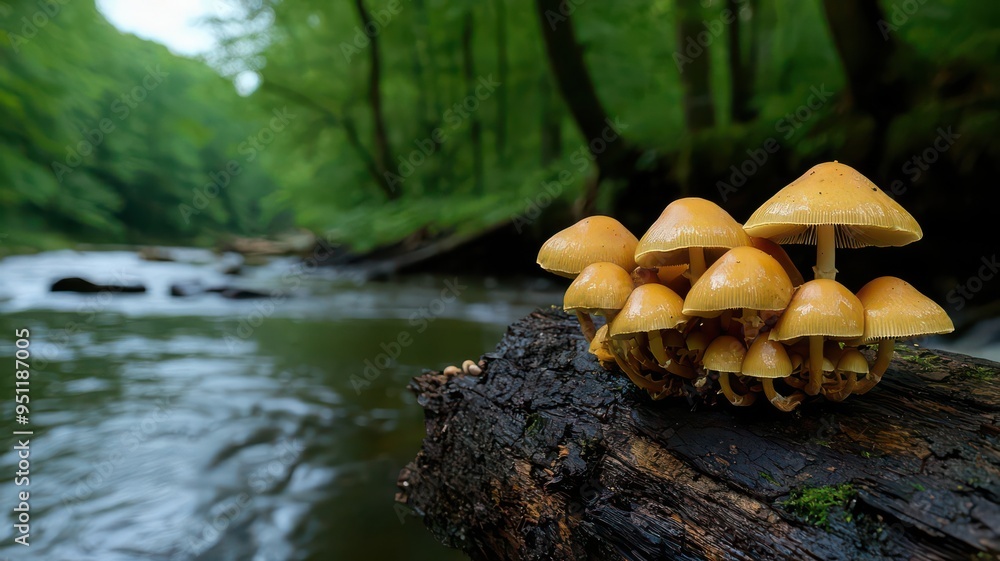 Mushrooms thriving on a damp, decaying log deep in the forest, creating a mysterious and enchanting scene, mushrooms on a log, mysterious nature Mushrooms thriving on a damp, decaying log deep in the forest, creating a mysterious and enchanting scene, mushrooms on a log, mysterious nature