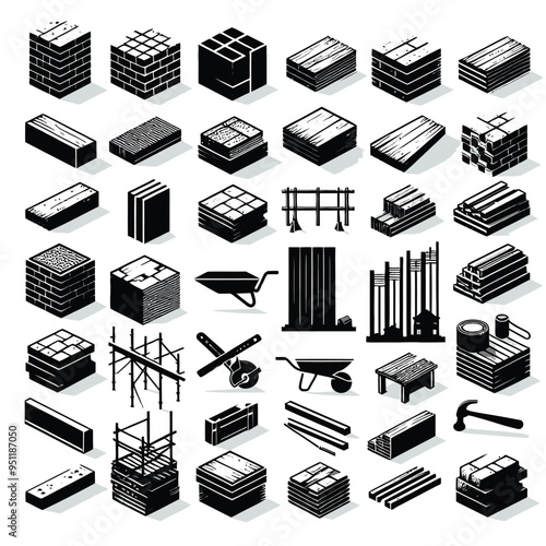 building materials, such as bricks, wooden planks, concrete blocks, and steel beams. Each silhouette