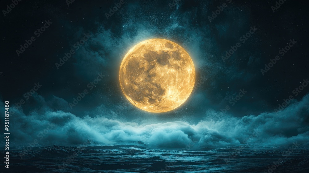 A glowing full moon surrounded by wisps of clouds, creating a mystical and enchanting night scene with ample room for text. A glowing full moon surrounded by wisps of clouds, creating a mystical and enchanting night scene with ample room for text.