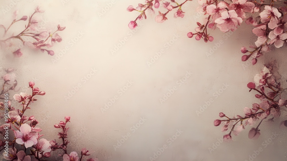 Obraz premium Delicate Pink Cherry Blossom Frame on Frosted Background - Spring Floral Border, Romantic Design.