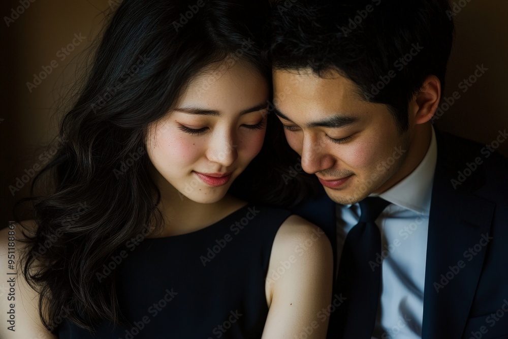 an elegant japanese couple sitting close together in love an elegant japanese couple sitting close together in love