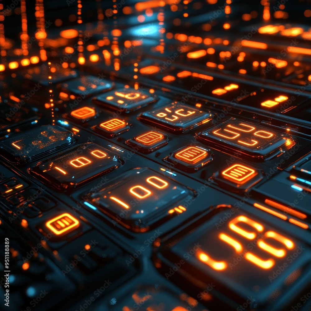 Futuristic Interface with Glowing Orange Buttons and Black Surface. Futuristic Interface with Glowing Orange Buttons and Black Surface.