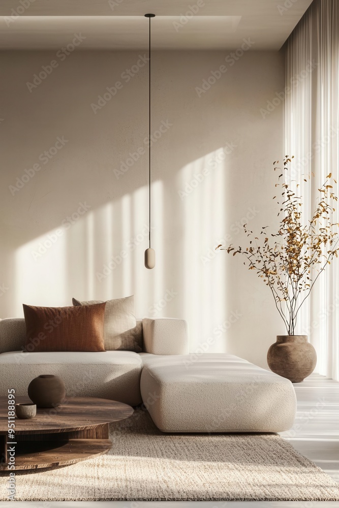 Interior design mock-up, minimalist living room, clean lines, soft lighting, modern aesthetic, design focus.