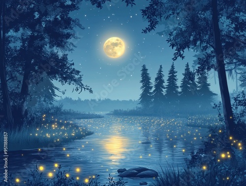 Enchanting Night Scene with Full Moon, Fireflies, and Tranquil River