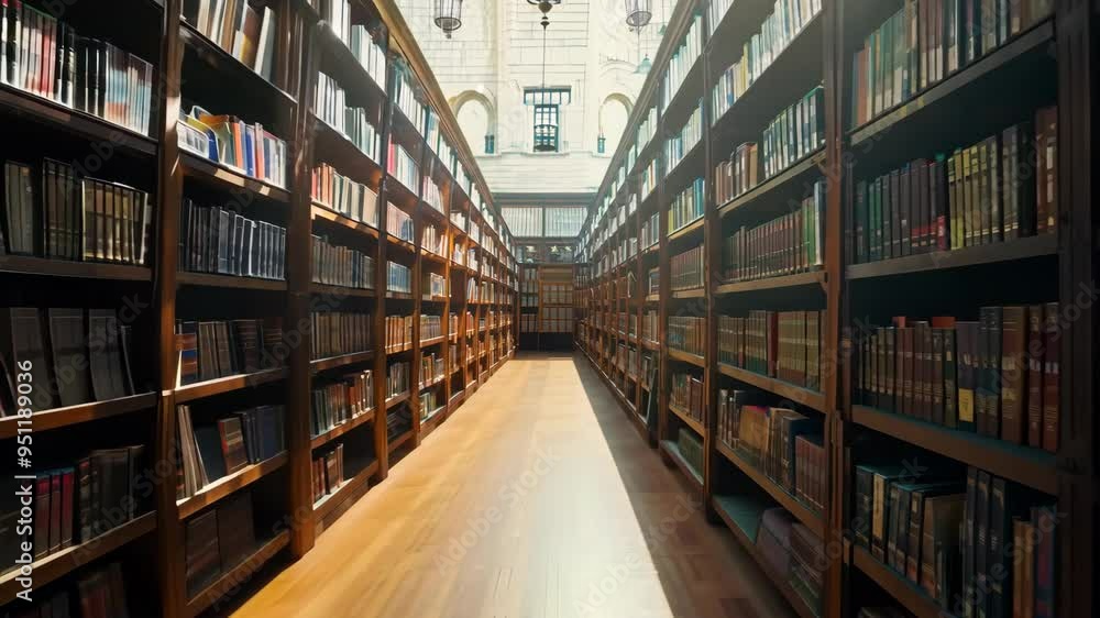 Tranquil Library Interior: Slider Shot Through Rows of Empty Shelves Tranquil Library Interior: Slider Shot Through Rows of Empty Shelves