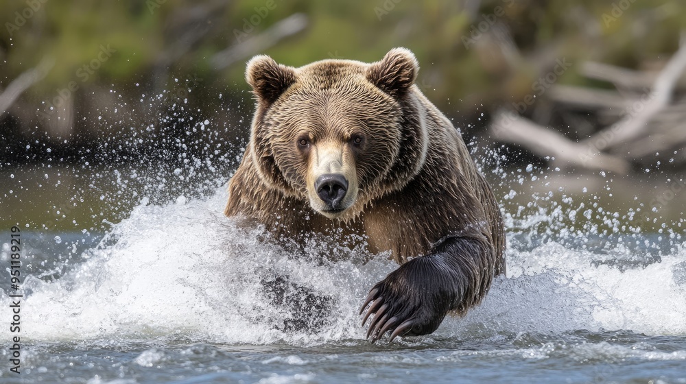 A grizzly bear fishing for salmon in a rushing river, with water splashing around, ideal for themes of wildlife in action with ample copy space. A grizzly bear fishing for salmon in a rushing river, with water splashing around, ideal for themes of wildlife in action with ample copy space.