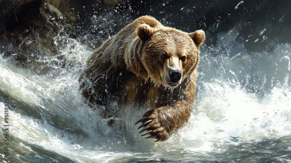 A grizzly bear fishing for salmon in a rushing river, with water splashing around, ideal for themes of wildlife in action with ample copy space. A grizzly bear fishing for salmon in a rushing river, with water splashing around, ideal for themes of wildlife in action with ample copy space.