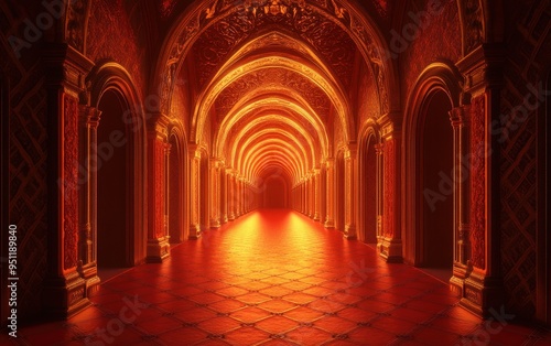 Golden Arches and Red Tile Floor in a Grand Hallway 3D Illustration.