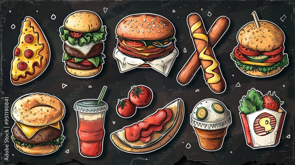 Colorful trendy set of fast food stickers with halftone effect and children's scribbles of pencil, chalk or markers, rough texture, torn paper. Pizza, burger, hot dog, taco in retro collage style Colorful trendy set of fast food stickers with halftone effect and children's scribbles of pencil, chalk or markers, rough texture, torn paper. Pizza, burger, hot dog, taco in retro collage style
