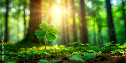 Green clover thriving among dense trees in a vibrant forest setting photo