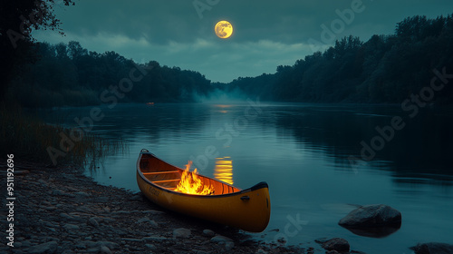 fire in canoe and moon shining  over lake photo