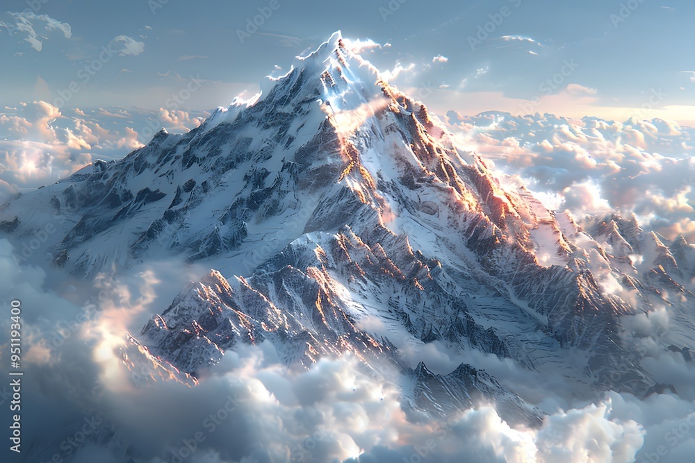 Obraz premium Majestic snow-capped mountain peak piercing through the clouds in an natural landscape