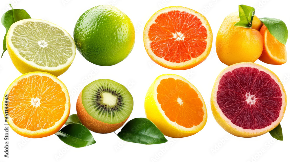 Fototapeta premium Fresh Citrus Fruits and Kiwi Slices with Green Leaves Isolated on White Background