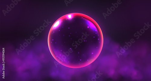Crystal magic ball, mystic prophecy orb, oracle sphere with smoke cloud and sparkling stars. Fantasy vector illustration.