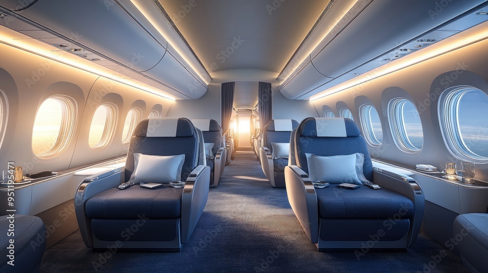 A high end airplane cabin with comfortable recliners, and panoramic windows. Spacious scene with room for copy. A high end airplane cabin with comfortable recliners, and panoramic windows. Spacious scene with room for copy.