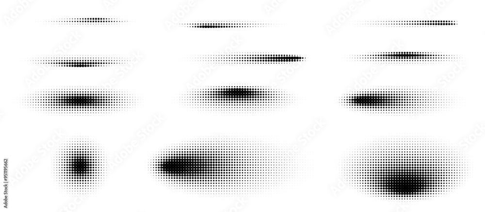 Abstract halftone shadows, round shaped graphic elements, fading circular graphic textures. Vector illustration.