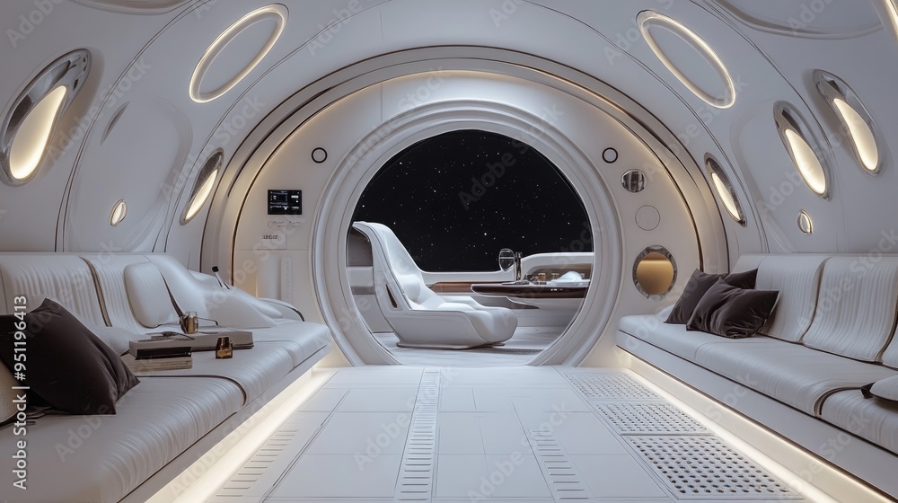 Fototapeta premium A high tech space shuttle with a luxury interior, showcasing the comfort and style of space tourism. Clear space for promotional text.