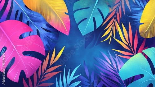 Abstract illustration featuring jungle exotic leaves and vibrant design elements, creating a summer-themed background and banner concept with a lively, colorful touch.