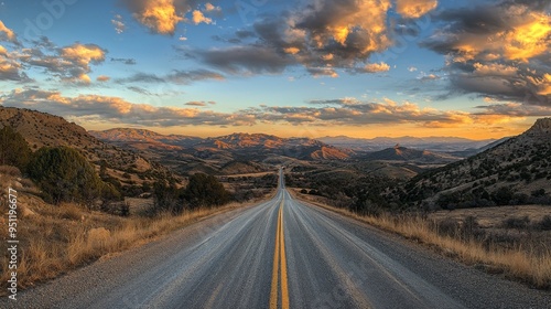 Scenic road with a panoramic mountain view, wide angle, rich tones, expansive horizon