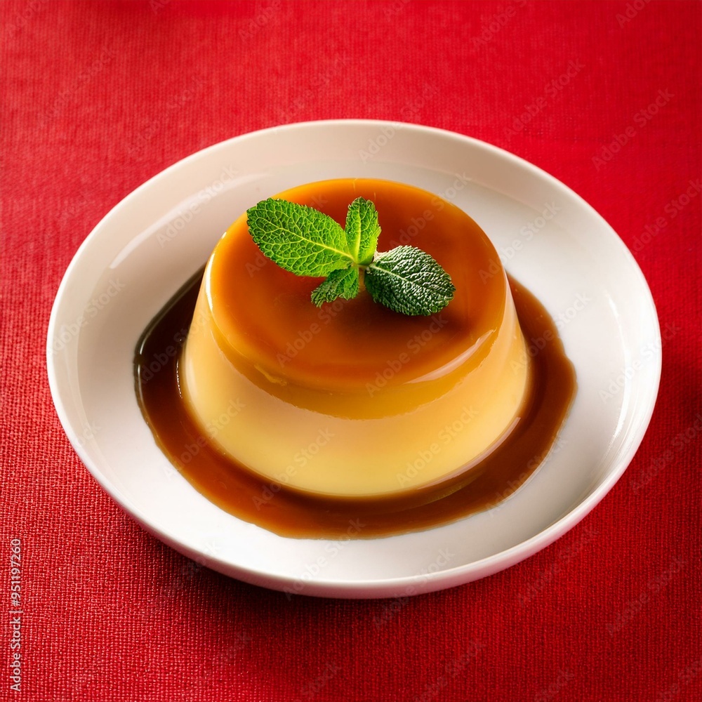 Caramel custard pudding with mint on red background Caramel custard pudding with mint on red background