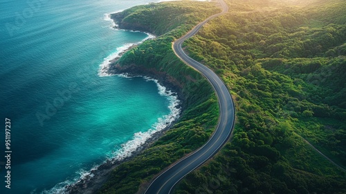 Scenic road with a view of the ocean, aerial view, soft blues, wide-angle, peaceful horizon