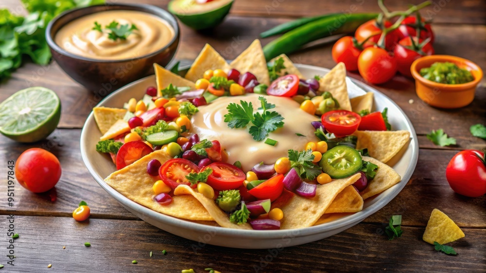 Vegan cashew cheese sauce poured over a bowl of nachos with colorful toppings in a casual dining atmosphere Vegan cashew cheese sauce poured over a bowl of nachos with colorful toppings in a casual dining atmosphere