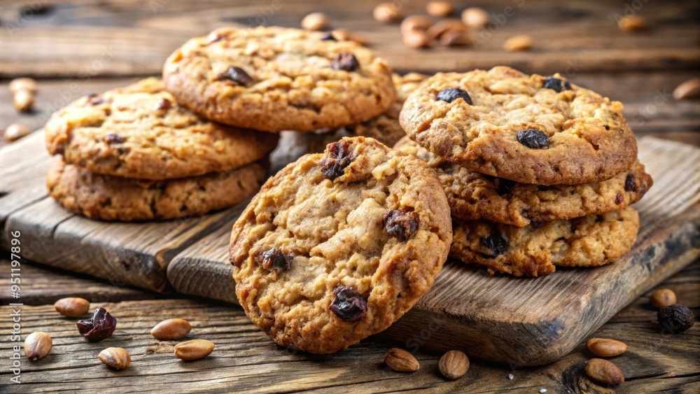Closeup of a stack of oatmeal raisin cookies on a rustic wooden table in the morning light, with crumbs and texture Closeup of a stack of oatmeal raisin cookies on a rustic wooden table in the morning light, with crumbs and texture