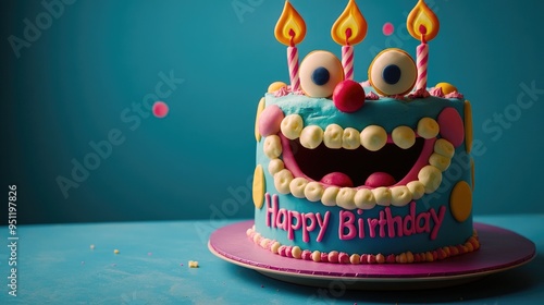 A humorous birthday cake with a silly face and "Happy Birthday" text in a playful font. Copy space available.