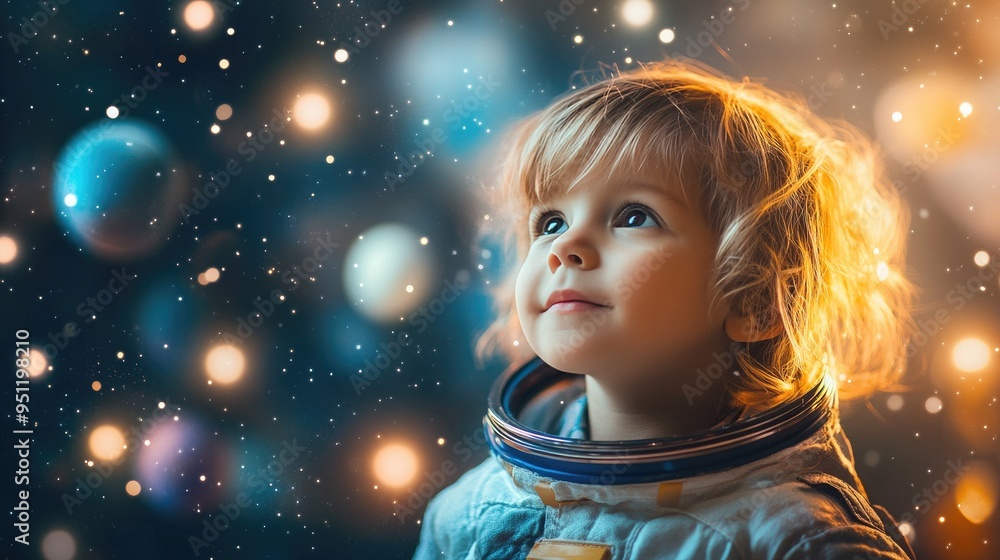A kid dressed as an astronaut with a backdrop of stars and planets, emphasizing space travel themes for children. Ample copy space. A kid dressed as an astronaut with a backdrop of stars and planets, emphasizing space travel themes for children. Ample copy space.