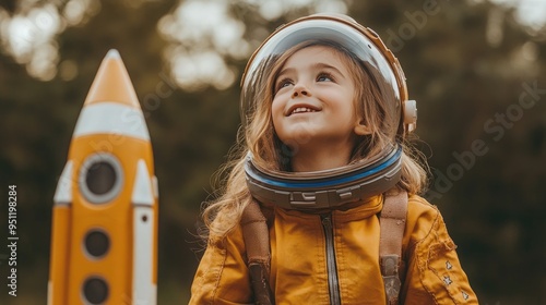 Fototapeta Naklejka Na Ścianę i Meble -  A kid in a space themed costume playing with a toy rocket, capturing the fun of space travel for children. Clear space for copy.