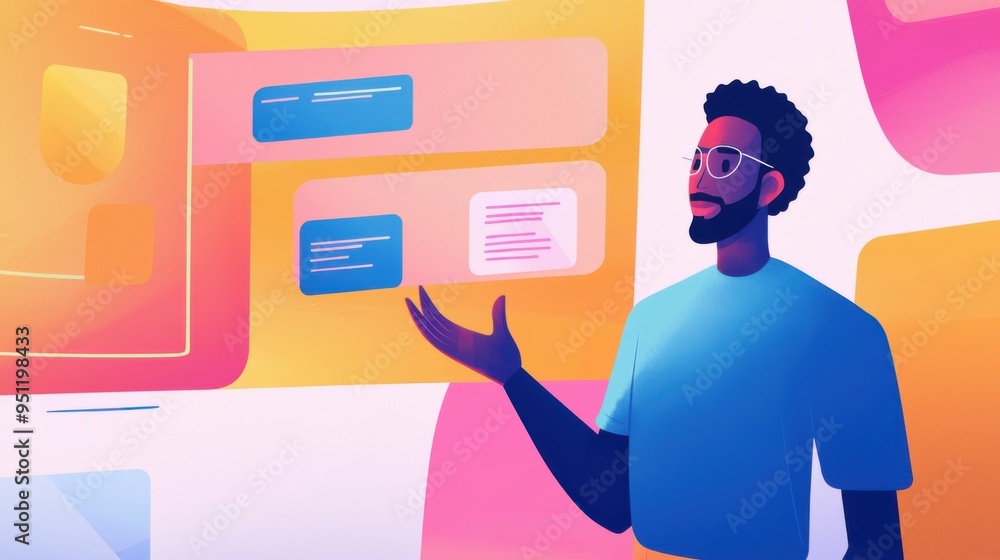 Man presenting on a colorful abstract background. Man presenting on a colorful abstract background.