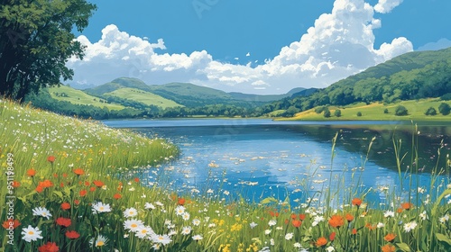 A lake surrounded by lush green hills, with wildflowers blooming along the shoreline on a bright summer day.