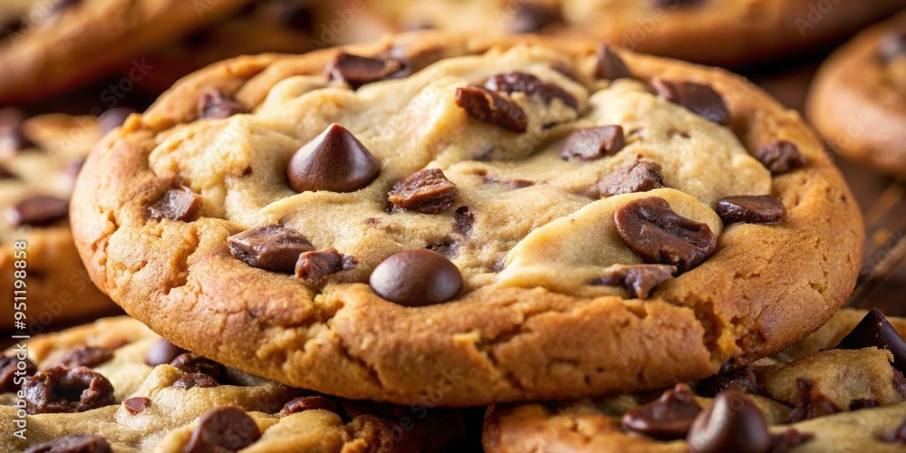 Detailed shot of a classic chocolate chip cookie with melty chips macro photography, chocolate chip, cookie, classic, melty Detailed shot of a classic chocolate chip cookie with melty chips macro photography, chocolate chip, cookie, classic, melty