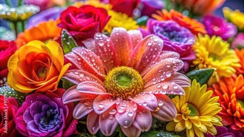 Close-up shot of vibrant bouquet of flowers covered in dew drops, macro, photography, colorful, bouquet, fresh, flowers