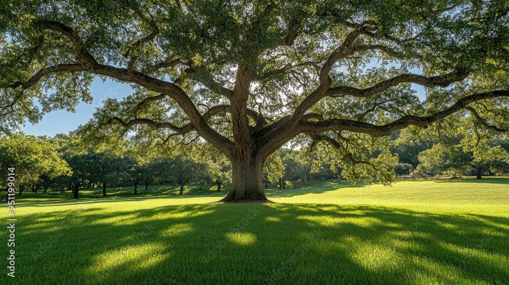A large oak tree with sprawling branches and deep green leaves, casting shade on the grass below. A large oak tree with sprawling branches and deep green leaves, casting shade on the grass below.